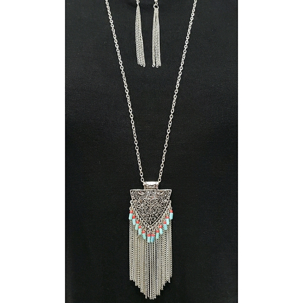 NEW Boho Aztec Pendant Necklace & Earrings Set